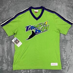 Mitchell & Ness Tampa Bay Devil Rays Lime Green V-Neck Embroidered Shirt Mens M